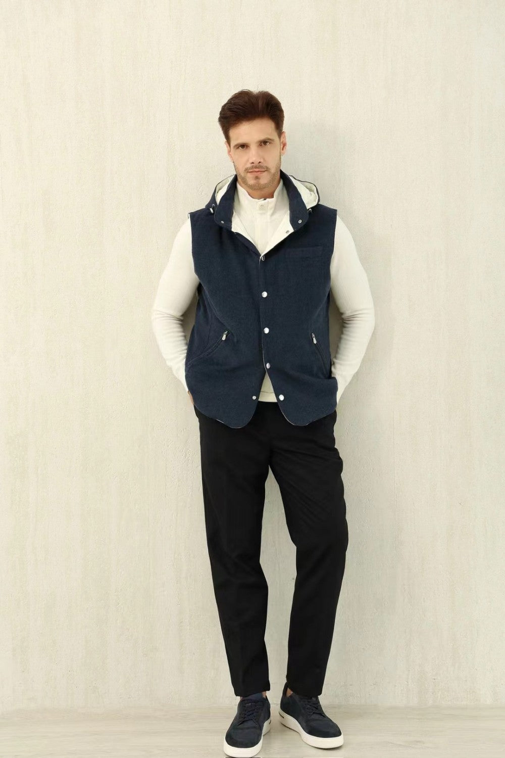 Brunello Cucinelli Men's Spring/Autumn Detachable Hooded Solid Color Single-Breasted Bonded Wool Flannel Down Vest Ngvp #2293