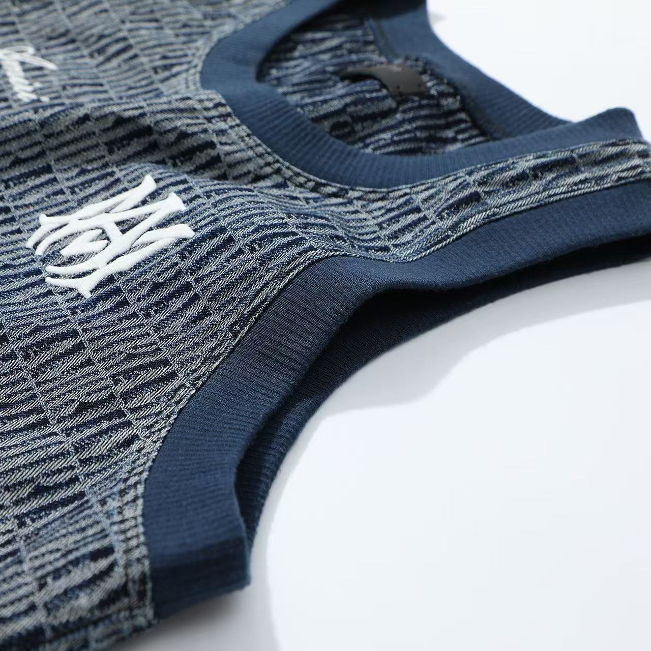 Amiri Men's Summer Blue Denim Jacquard Fabric Crew Neck Sleeveless T-Shirt #77699