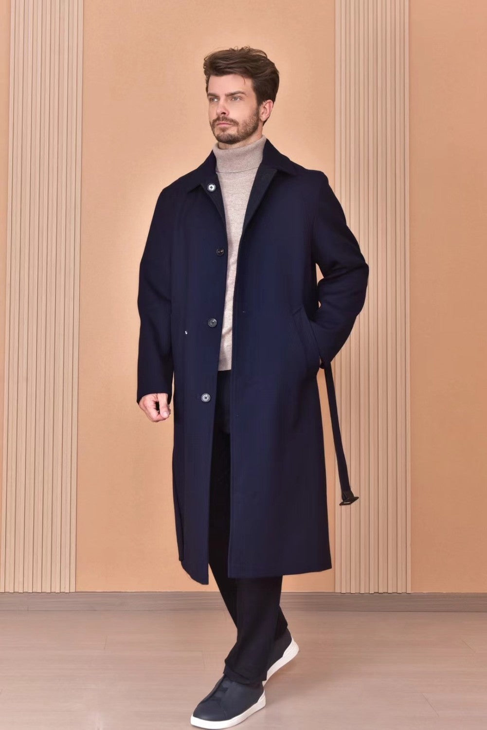Loro Piana Men's Reversible Double-Faced Coat with Belt. Single-Button Lapel. Long Fit Jacket Ngvp #2336