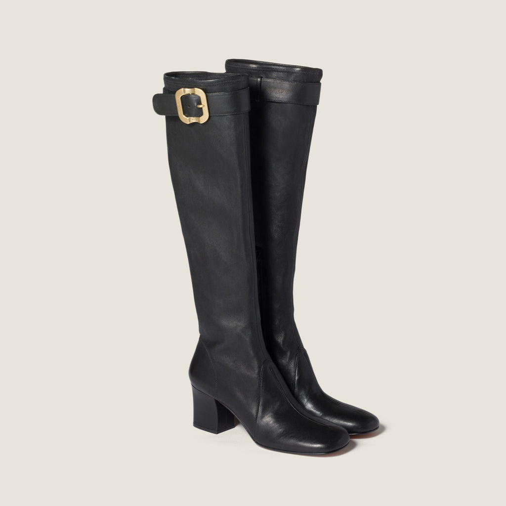 MiuMiu Women's Spring/Fall Fashion Classic Round Toe Cuffed Chunky Heel Solid Color Leather Long Boots Shoes#78718