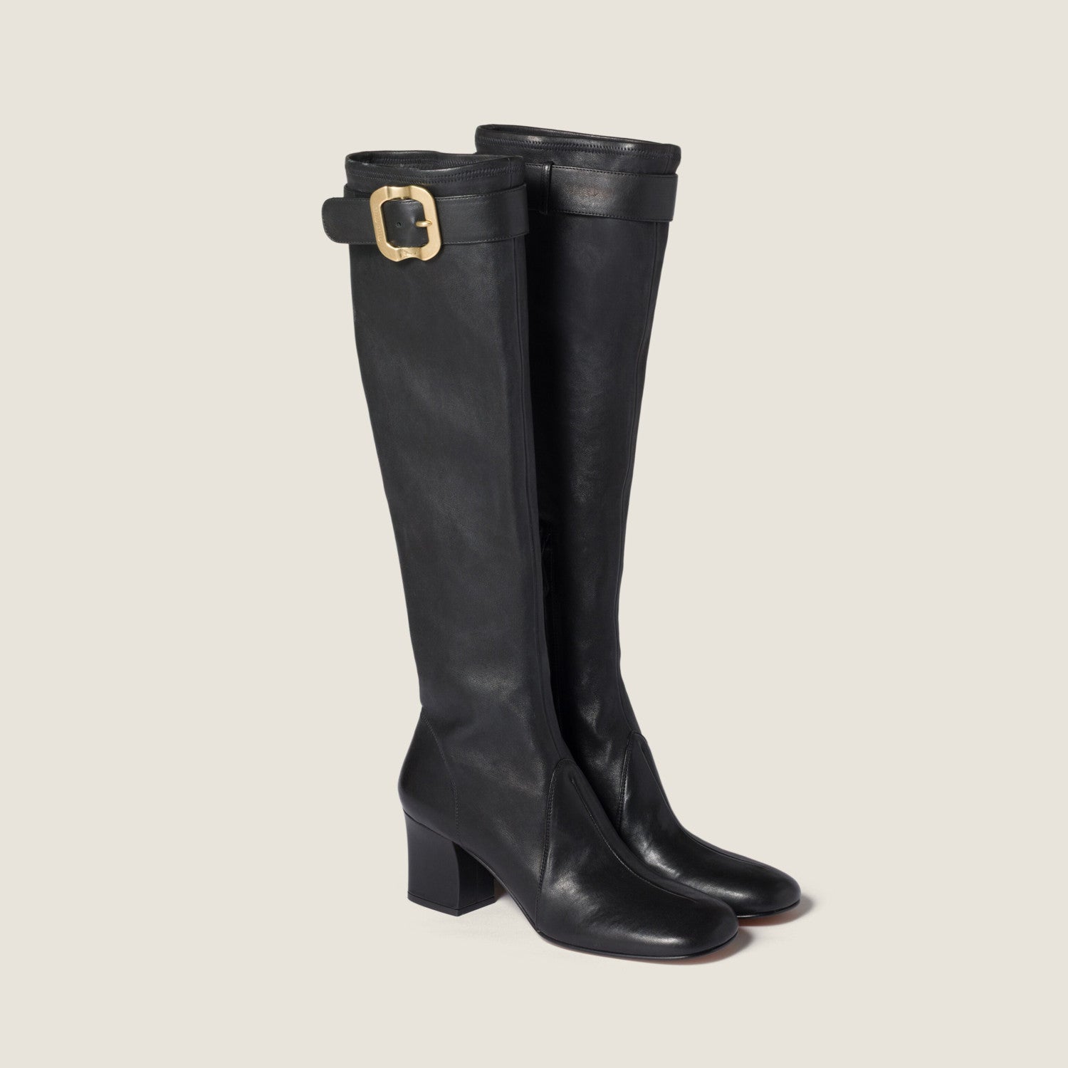 MiuMiu Women's Spring/Fall Fashion Classic Round Toe Cuffed Chunky Heel Solid Color Leather Long Boots Shoes#78718