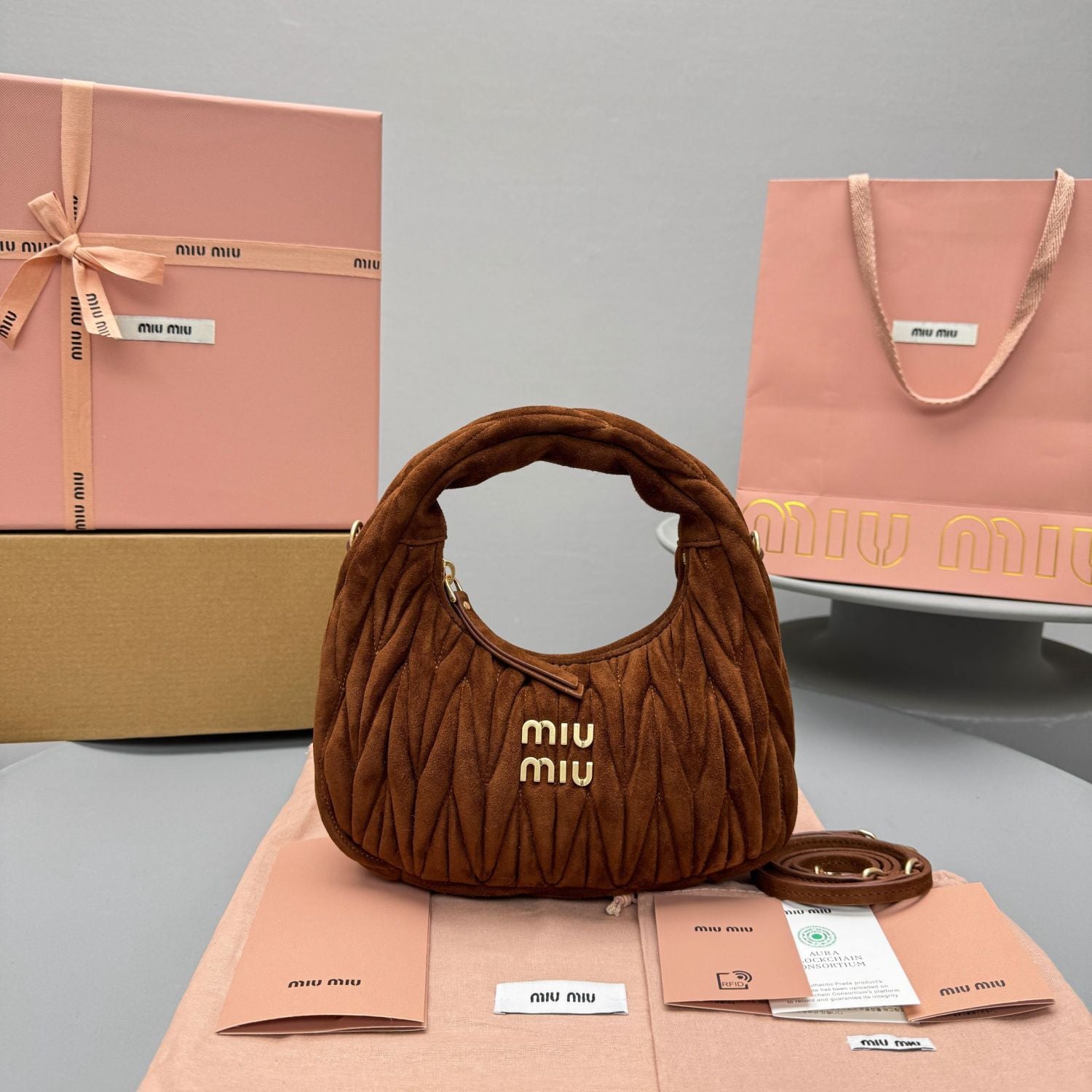 MiuMiu Wander Matelassé Suede Leather Bag Women's Metal Engraving Zipper Closure Single Shoulder Crossbody Crescent Bag Tote Bag #333006