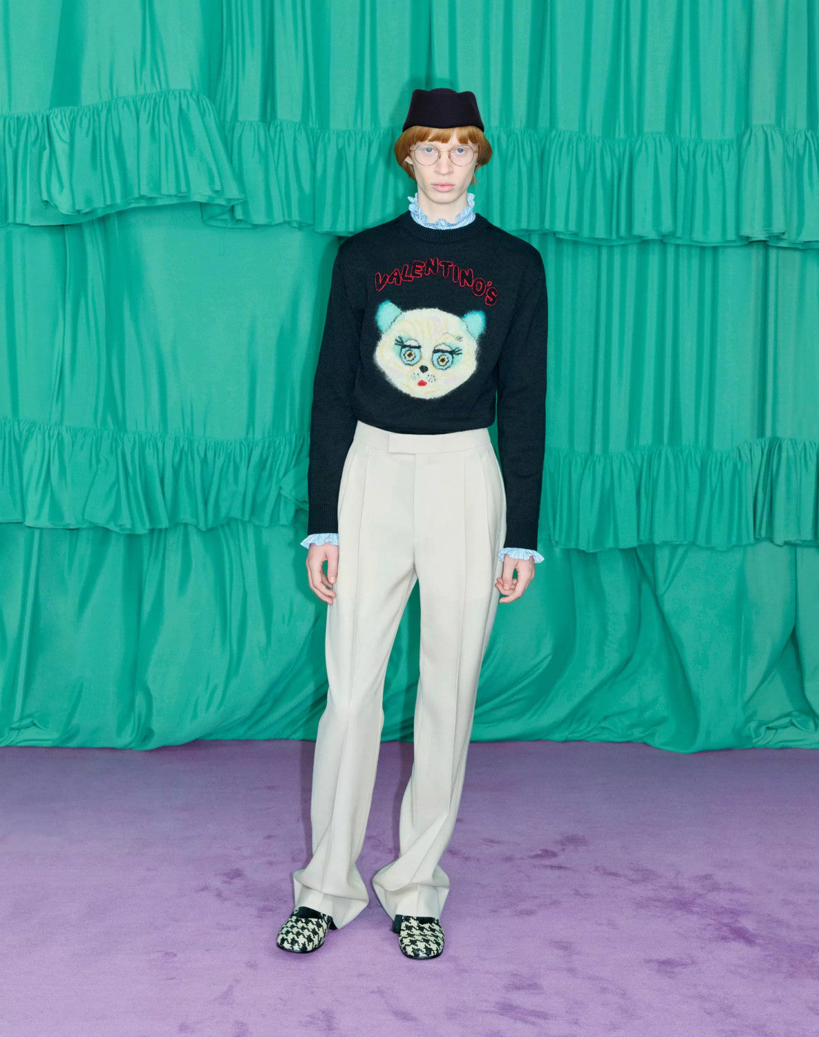 Valentino Men's Le Chat De La Maison Wool Logo Cat Embroidered Solid Color Crew Neck Long Sleeve Knit Sweater #81754