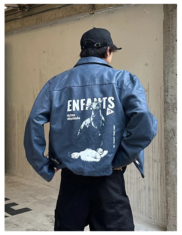 Enfants Riches Deprimes Men's Spring. Autumn And Winter Washed And Aged Crackle Pattern Printed Zipper Solid Color Long Sleeve Cowhide Jacket Ngvp #9337