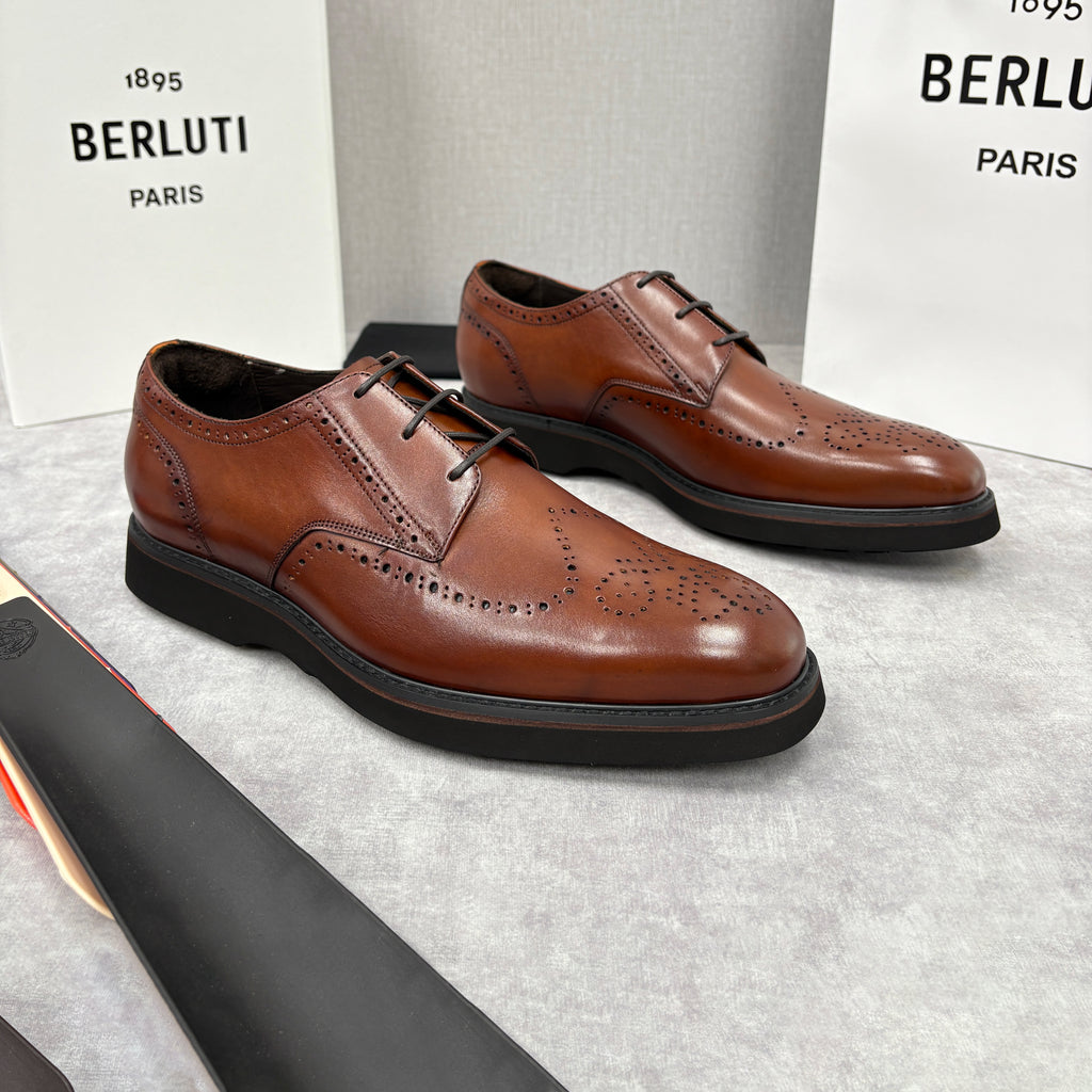 Berluti Alessio Natural Men's Spring/Fall Fashion Classic Leather Brogue Oxford Shoes with Thick Rubber Sole Calfskin Derby Shoes #78573
