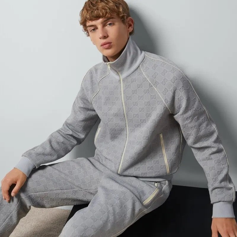 Gucci Men's Spring and Autumn Gray Letter Logo Full Print Zipper Long Sleeve Jacket Drawstring Tie Sweatpants Pants Suit Set #72978