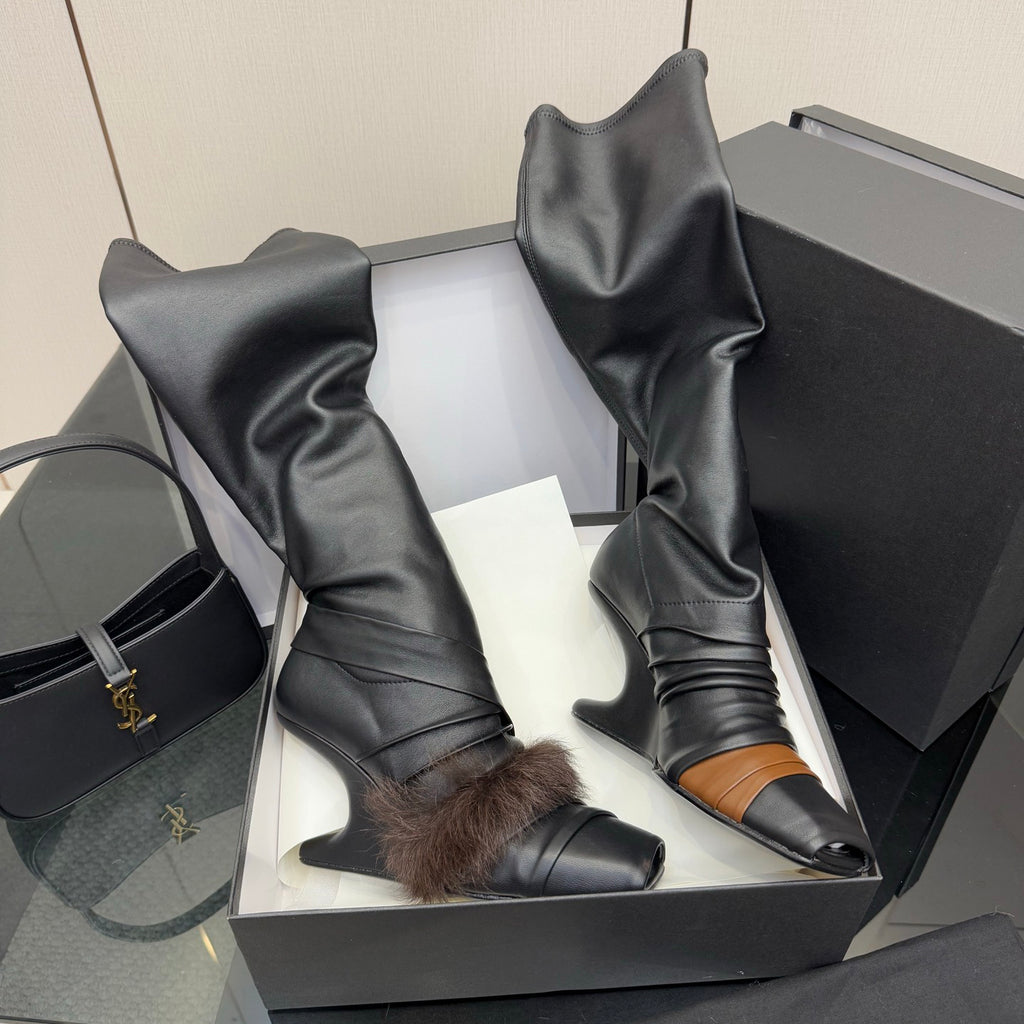 Rick Owens Women's Fall/Winter Fashion Classic Leather Booties Cowhide and Sheepskin Blend in Brown Lambskin Fishmouth Square Toe Design Fur Trimmed Panels Long Boots Shoes #79497