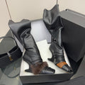 Rick Owens Women's Fall/Winter Fashion Classic Leather Booties Cowhide and Sheepskin Blend in Brown Lambskin Fishmouth Square Toe Design Fur Trimmed Panels Long Boots Shoes #79497