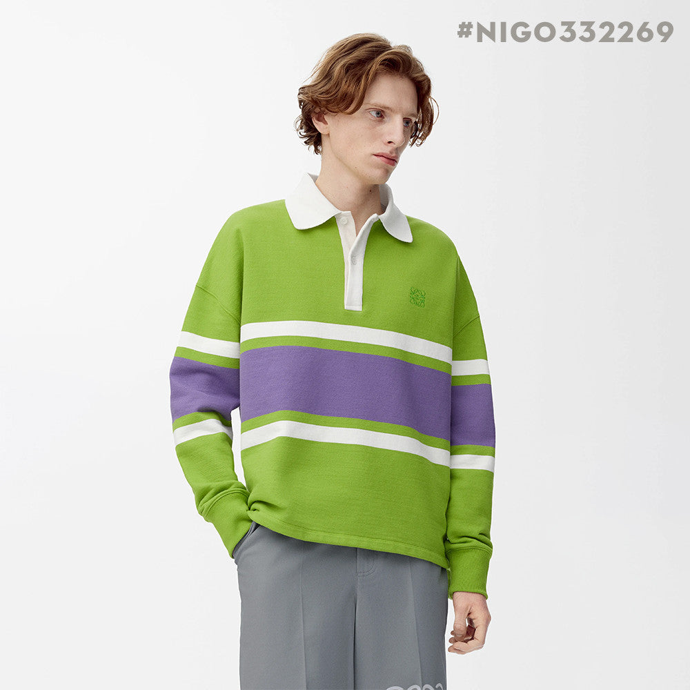 LOEWE FW25 Men's Cotton Horizontal Striped Logo Embroidered Long-Sleeved Polo Shirt #332269