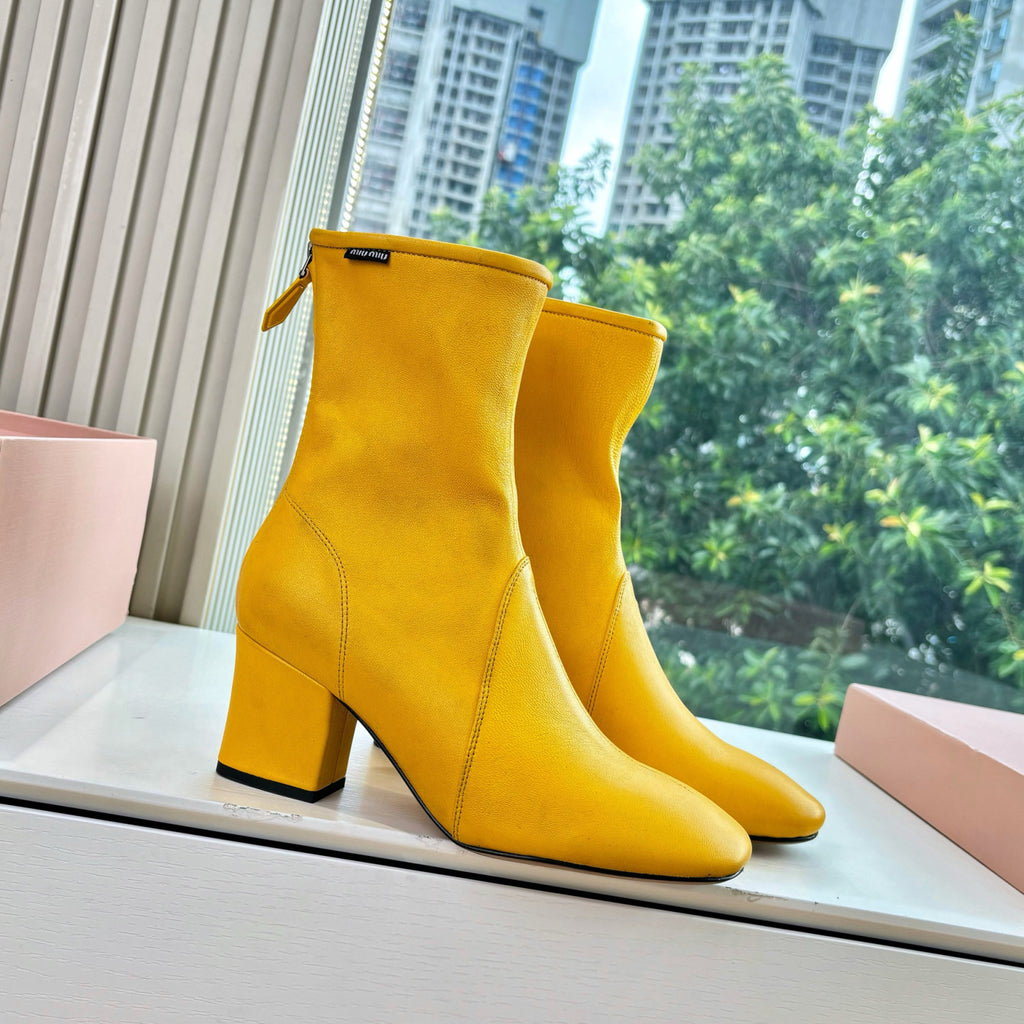MiuMiu Nappa Women's Spring/Fall Fashion Casual Chunky Heel Leather Round Toe Slip On Zipper Ankle Boots Shoes #78717