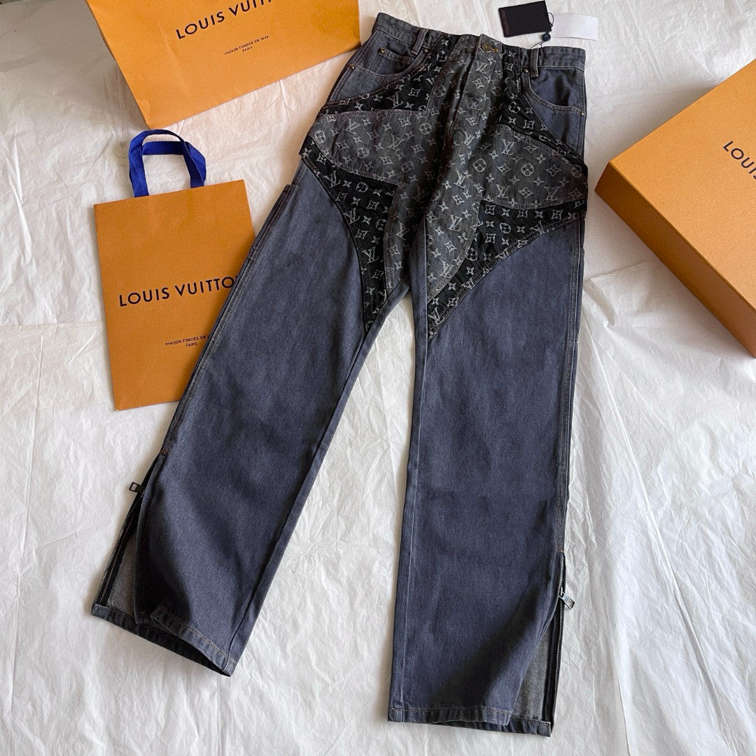 Louis Vuitton Monogram Flower Denim Pants Men's Black Logo Letter Print Irregular Fit Jeans #98869