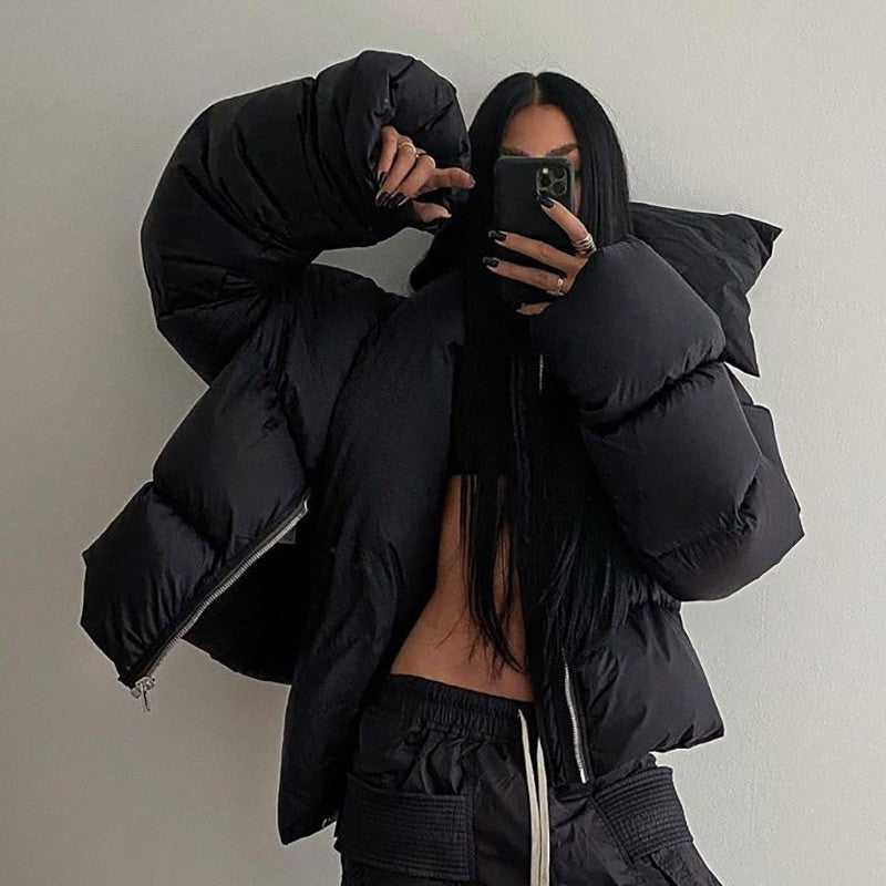 Rick Owens Men's Women's Fall And Winter Dark Windproof Scarf Down Jacket Thickened Warm Short Ultra-long-sleeved Zipper Down Jacket Ngvp #2494