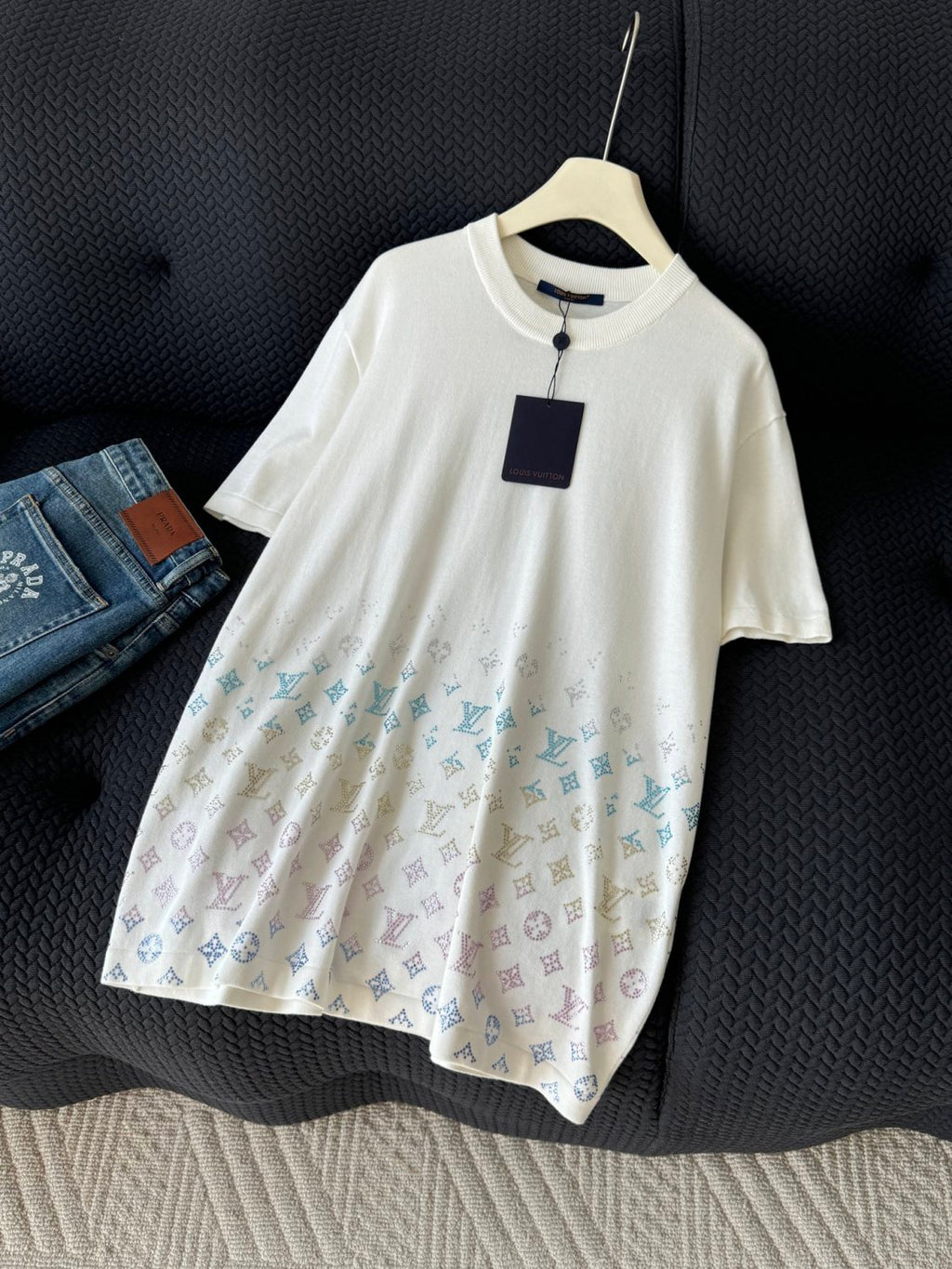 Louis Vuitton Men's Summer Colorful Diamond Letters Gradient Pattern Solid Color Round Neck Short Sleeve T-shirt #75656