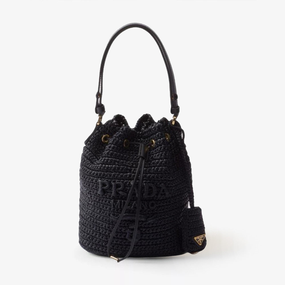 Prada Women's Logo Embroidered Adjustable Detachable Shoulder Strap Lafite Grass Patchwork Leather Bucket Bag Mini Handheld One Shoulder Crossbody Bag  Bags #196301