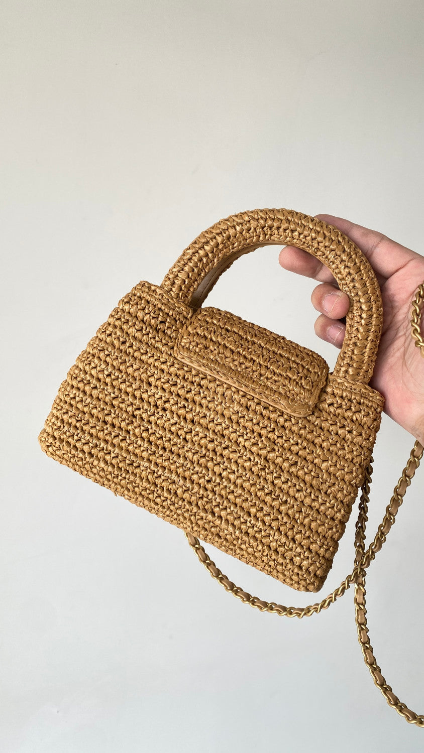 Chanel Mini Shopping Bag Braided Raffia Gold Tone Metal Dark Beige #335258