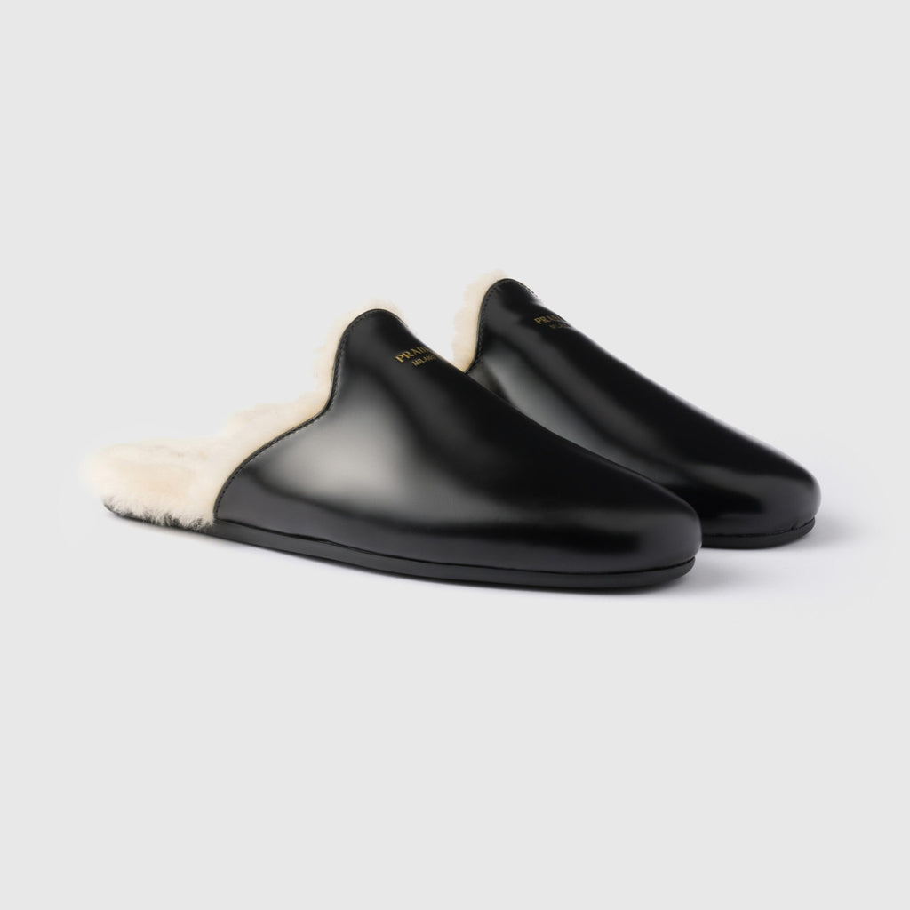 Prada Women's Fall/winter Fashion Casual Round Toe Slip On Leather Suede Fleece Lined Mule Shoes Half Slip On Slippers Shoes #79259