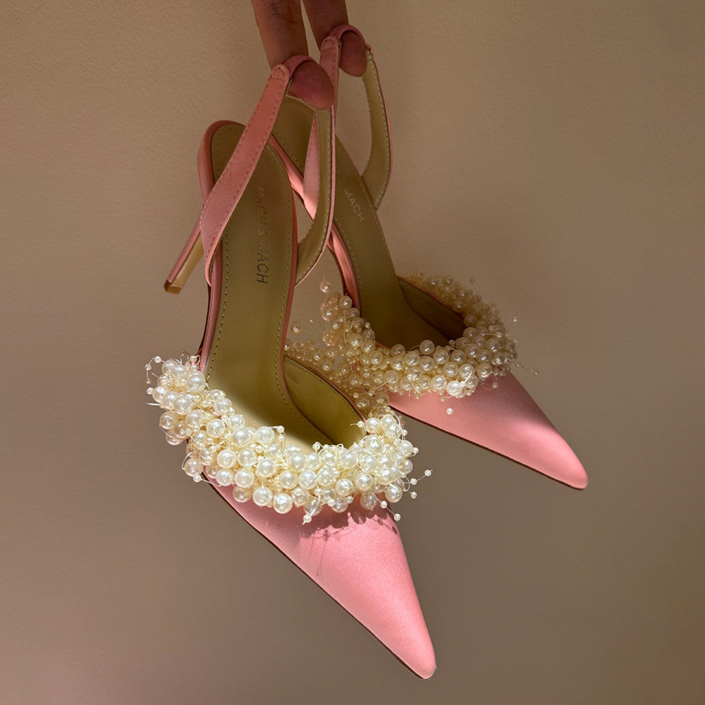 Mach & Mach Women's Spring. Summer And Autumn Pointed Toe Pearl Decorated Satin Solid Color High Heels Fine Heeled 8.5cm Casual Sandals Shoes Ngvp #1532