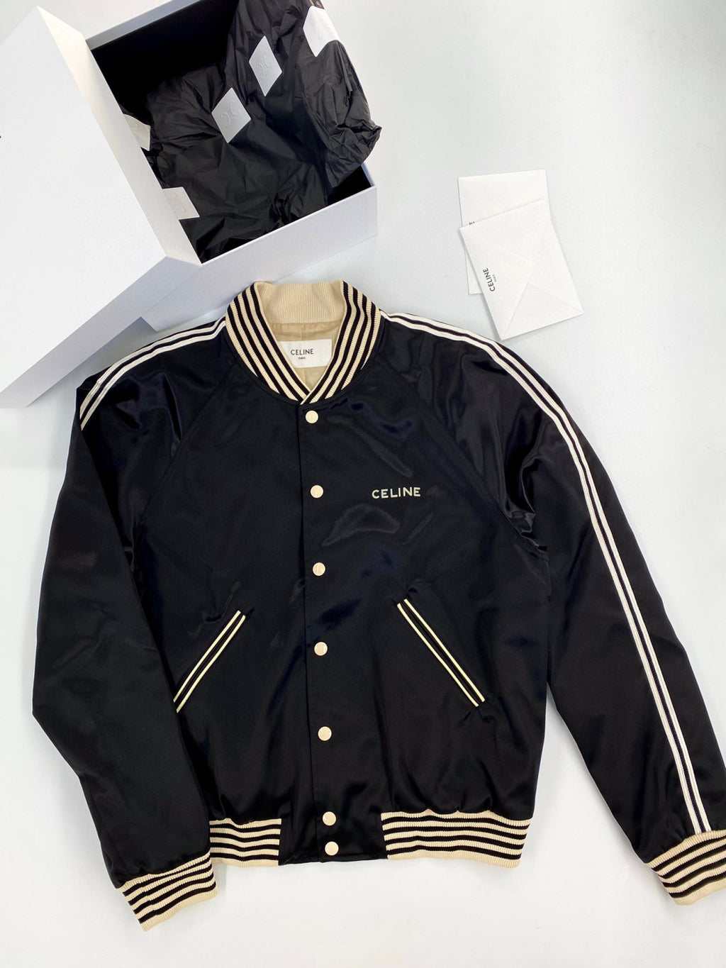 Celine Embroidered Teddy Jacket In Satin-Finish Nylon Logo Baseball Jacket #96291