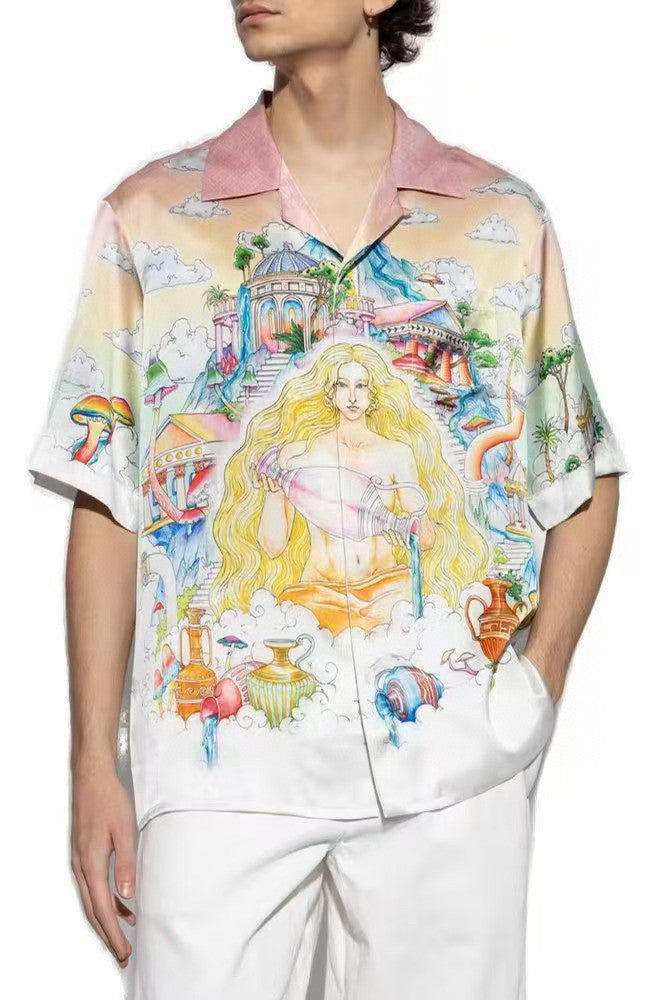 Casablanca Men's Printed Summer Lapel Single-Breasted Silk Loose Short-Sleeved Shirt Ngvp #9887