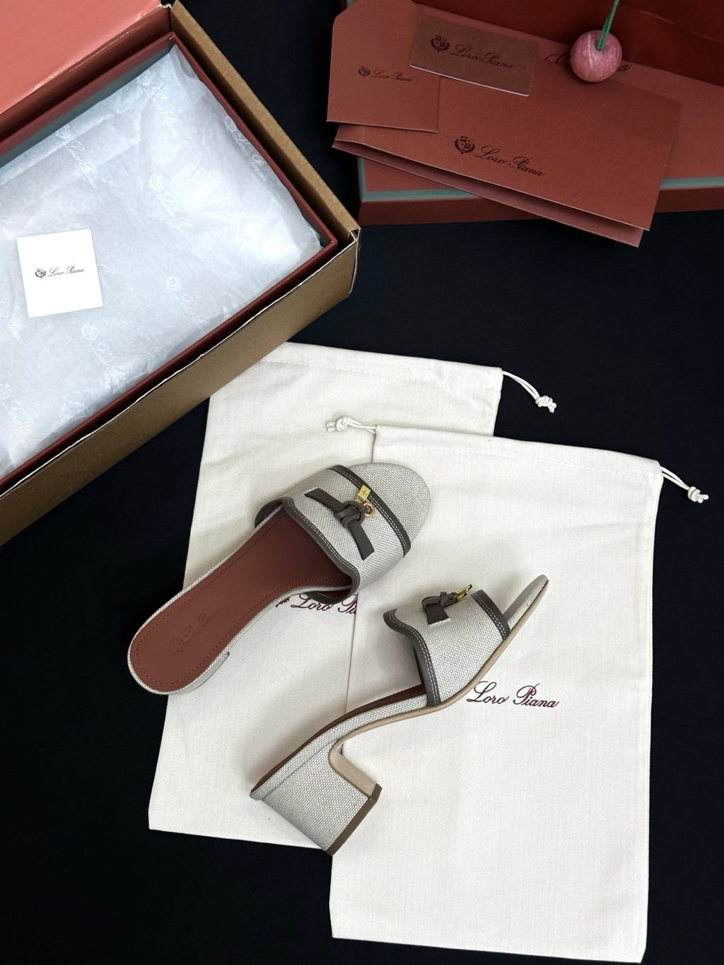 Loro Piana Linen Pendant High Heel Sandals Slippers #381477