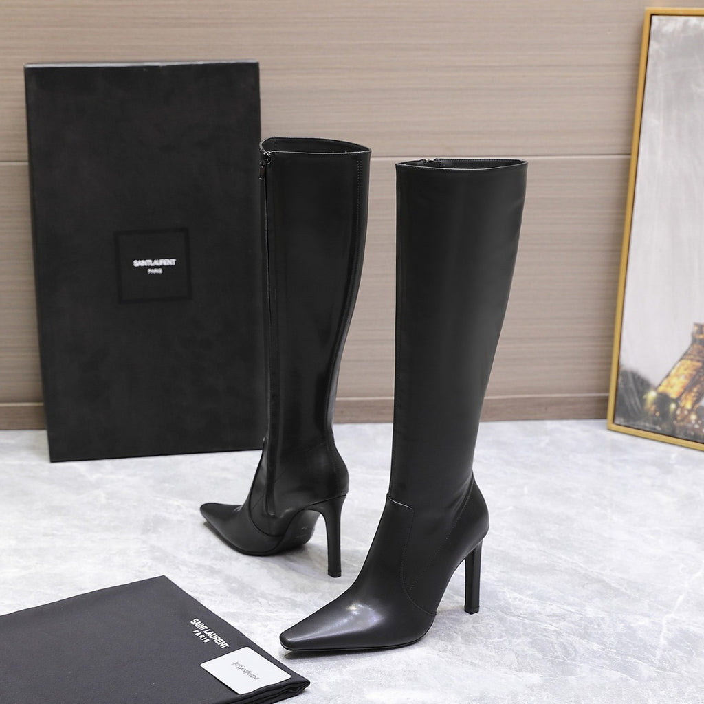 Saint Laurent FRANCOISE Women's Classic Pointed Toe Side Zip Leather High Heel Boots 10cm Heel High Heel Shoes #79181