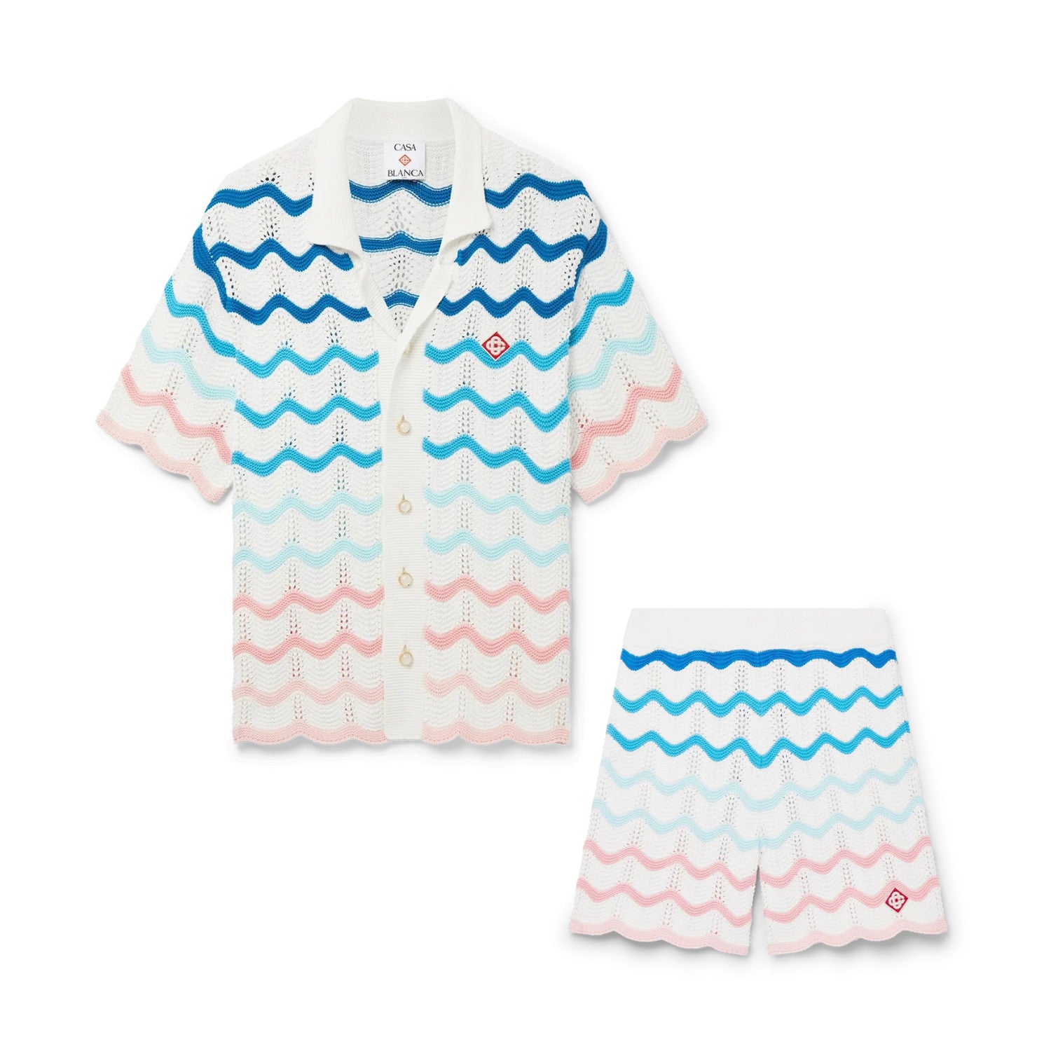 Casablanca Men's And Women's Summer Gradient Wave Print V-neck Single Breasted Knit Short Sleeved Shirt Casual Knit Shorts Suit Set #75833