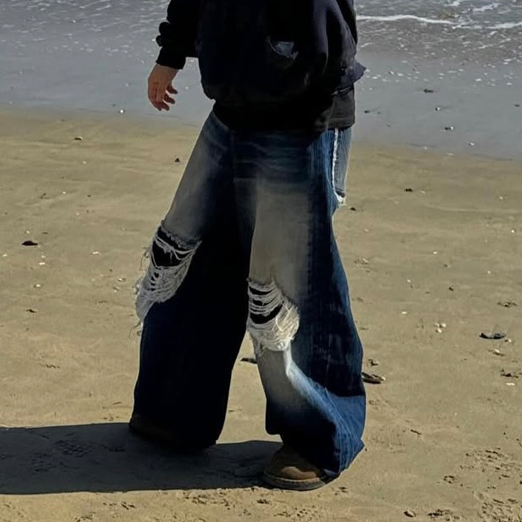 Vetements Men's Spring And Summer High-waisted Wide-leg Destruction Jeans Trend Retro Wide-leg Straight Pants Ngvp #1714