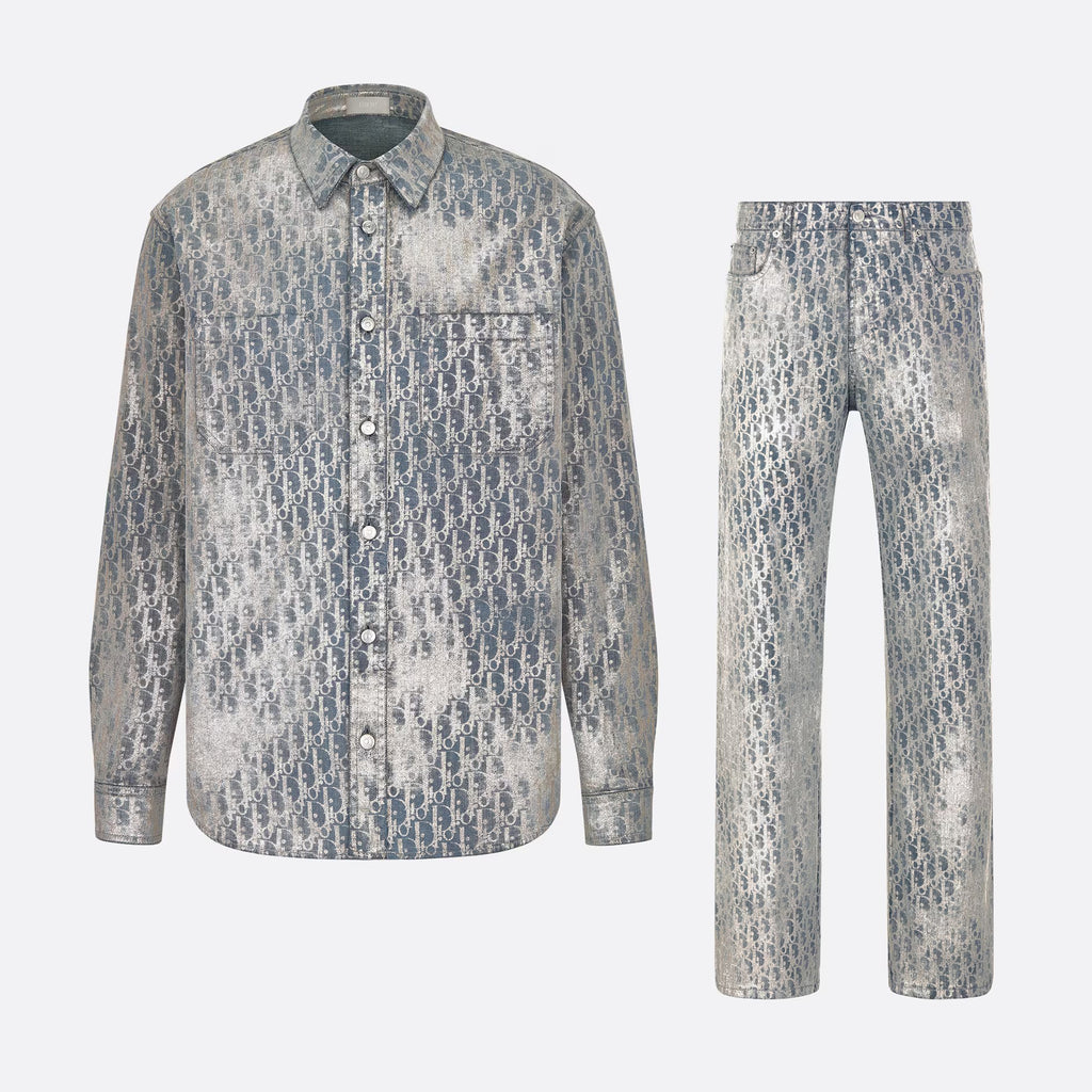 Dior Men's Autumn And Winter Grey Logo Full Print Old Single-Breasted Long-Sleeved Shirt Pants Suit Set #97715