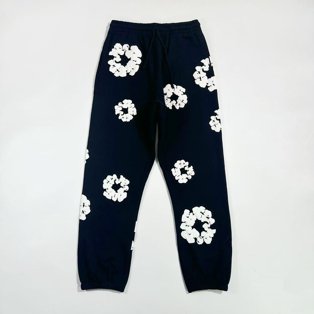 Denim Tears Men's And Women's Spring/fall Fashion Trend Solid Color Elastic Waist Tie Up Cotton Flower Foam Print American High Street Chic Brand Cuffed Sweatpants Long Pants #79536