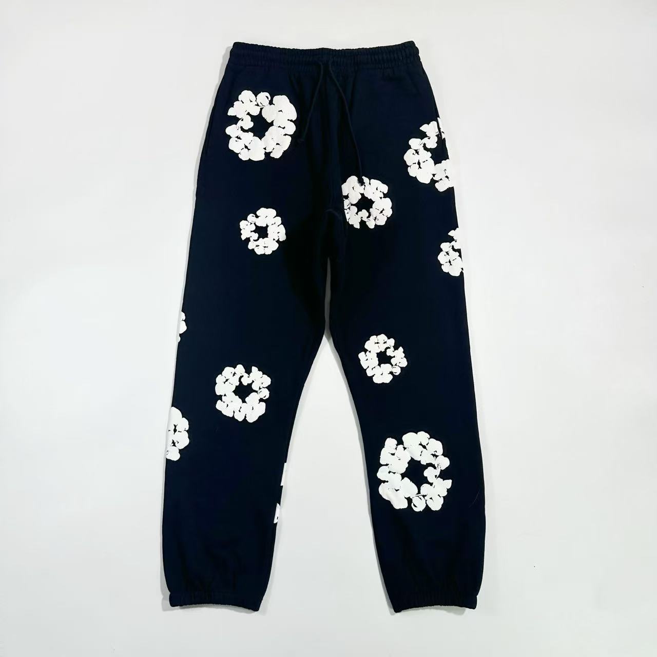 Denim Tears Men's And Women's Spring/fall Fashion Trend Solid Color Elastic Waist Tie Up Cotton Flower Foam Print American High Street Chic Brand Cuffed Sweatpants Long Pants #79536