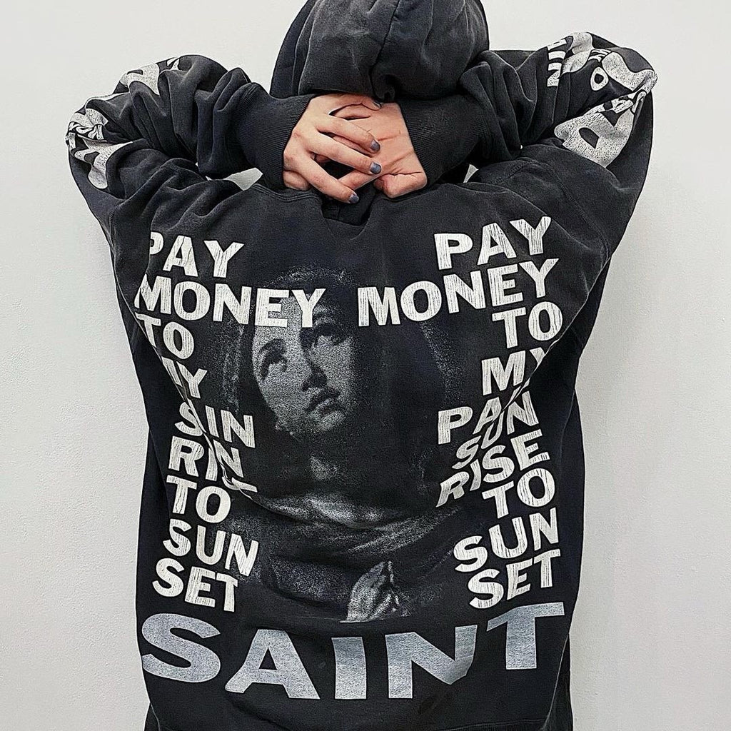 Saint Michael x Pay Money To My Pain Men's Women's Spring And Autumn Cotton Patterned Printed Long Sleeve Fitted Black Hooded Sweatshirt Ngvp #9353