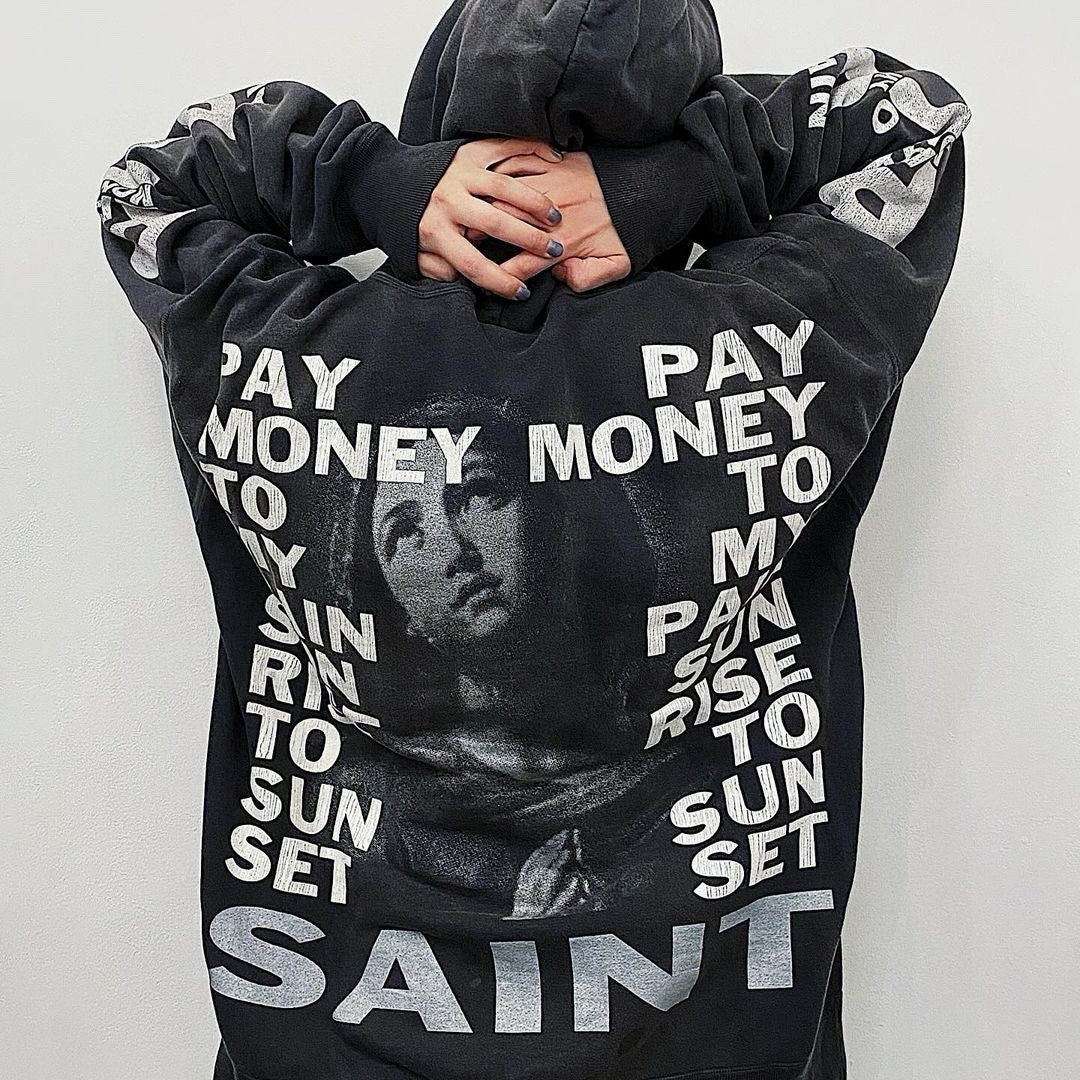 Saint Michael x Pay Money To My Pain Men's Women's Spring And Autumn Cotton Patterned Printed Long Sleeve Fitted Black Hooded Sweatshirt Ngvp #9353