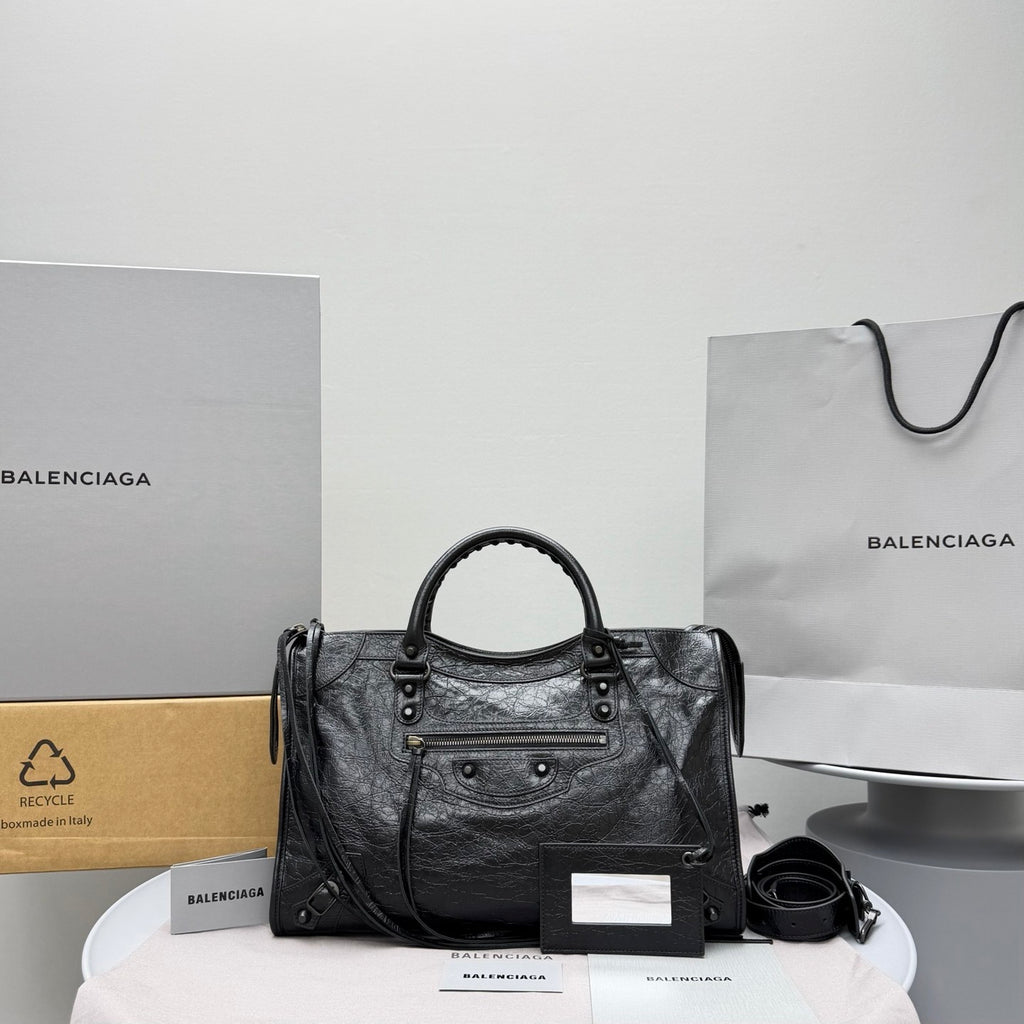 Balenciaga Le City Medium And Small Handbags Silver And Black Accents Imported Lambskin Biker Bag Riveted Tote Crossbody Bags #84168A