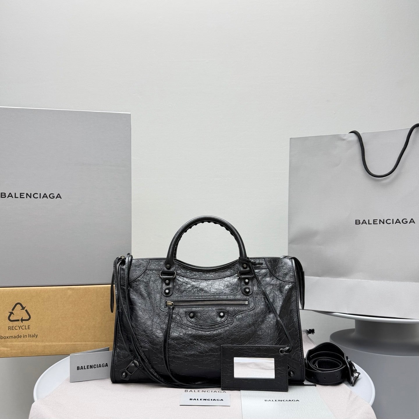 Balenciaga Le City Medium And Small Handbags Silver And Black Accents Imported Lambskin Biker Bag Riveted Tote Crossbody Bags #84168A