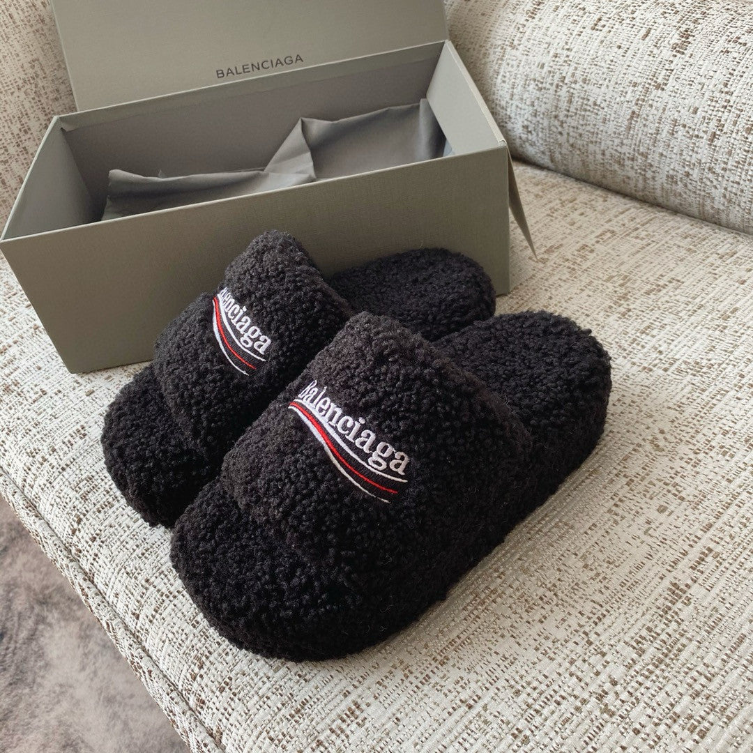 Balenciaga Furry Women's Spring/Summer Solid Colour Faux Fur Embroidered Letter Print Thick Sole Slippers Shoes #76986