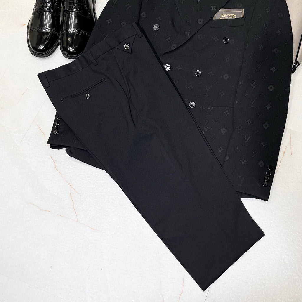 Louis Vuitton Men's Spring And Autumn Embossed Monogram Double Breasted Lapel Long sleeved Black Blazer Jacket #98638
