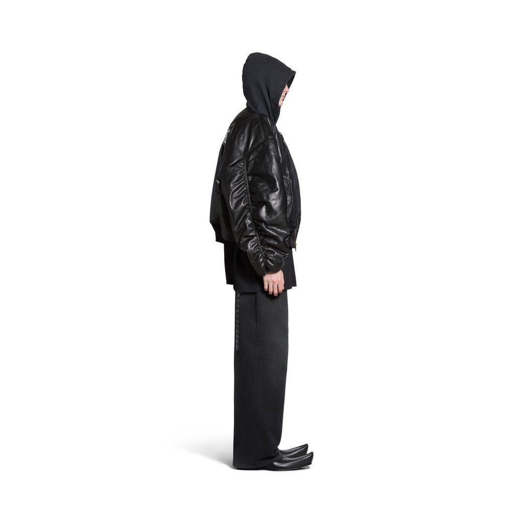 Balenciaga Men's Fall/Winter Black Letter Print Hooded Drop Shoulder Long Sleeve Zipper Leather Jacket #72777