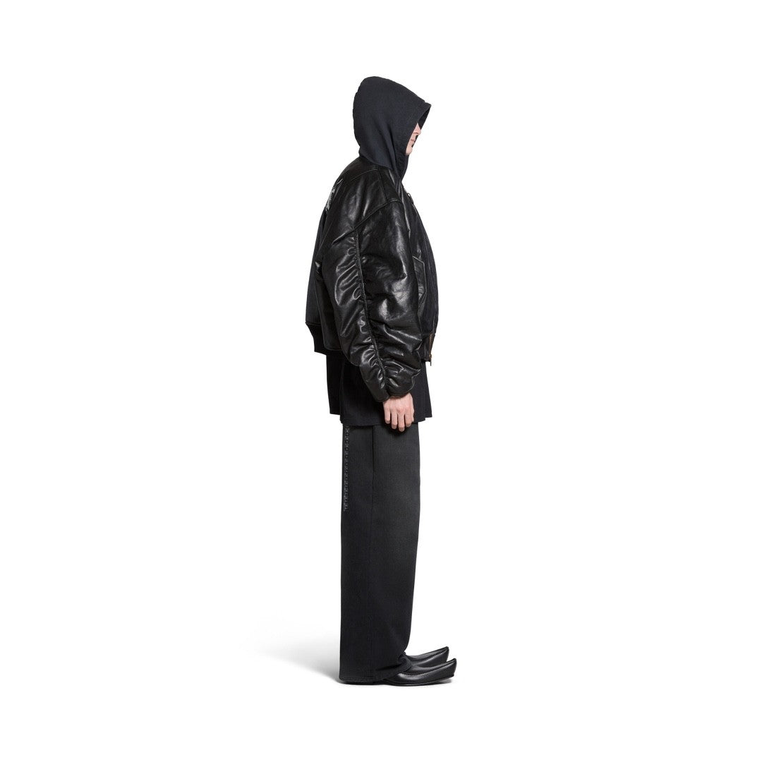 Balenciaga Men's Fall/Winter Black Letter Print Hooded Drop Shoulder Long Sleeve Zipper Leather Jacket #72777