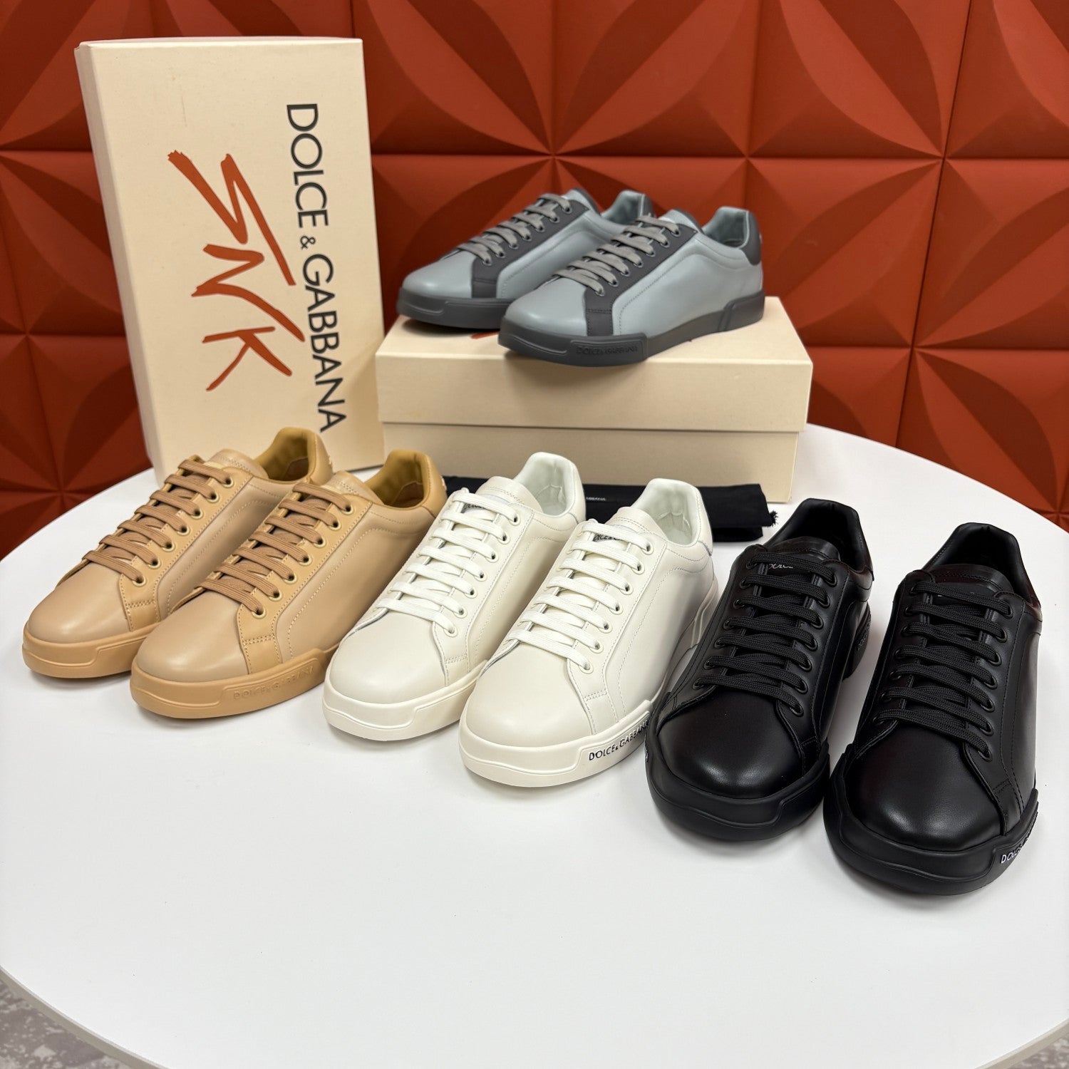 Dolce&Gabbana Men's And Women's Spring/Fall Fashion Casual Round Toe Lace Up Solid Color Leather Printed Rubber Sole Sneakers Shoes #78728