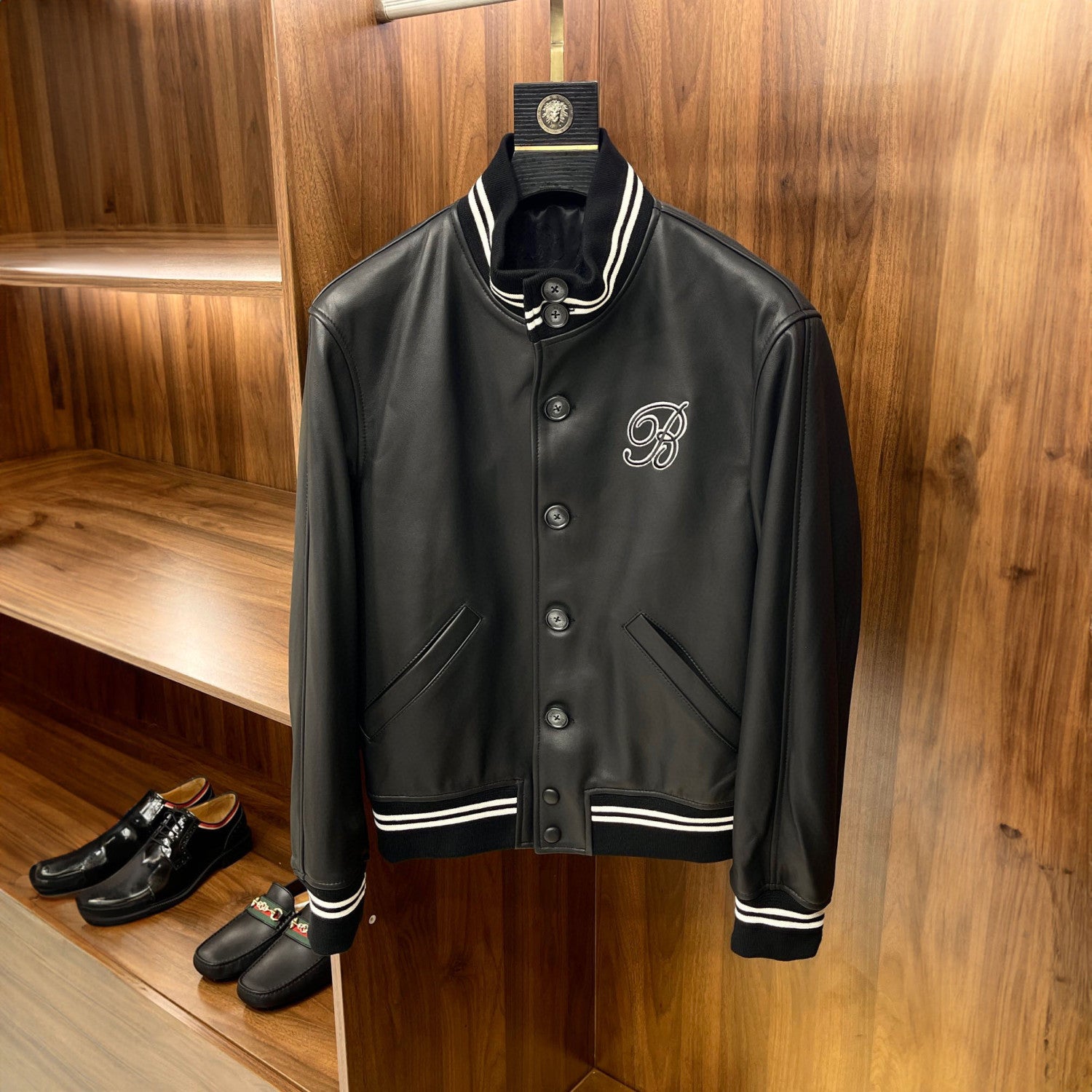 Berluti Buttoned Leather Baseball Jacket #96147