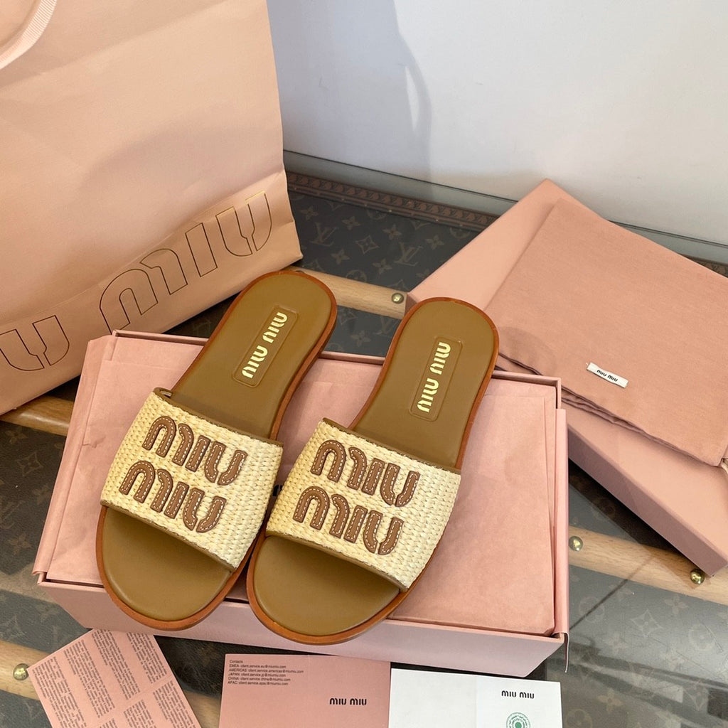 MiuMiu Women's Spring/Summer/Fall Logo Raffia Woven Leather Flat Sandals Casual Slippers Shoes #81553