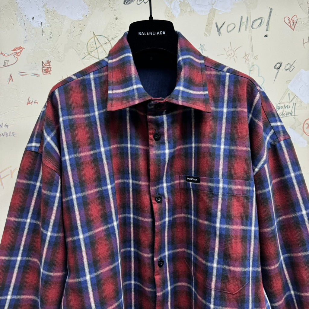 Balenciaga Men's Fall And Winter Color Blocking Check Single-Breasted Double-Sided Loose Shirt Cotton Long-Sleeved Jacket Ngvp #9653