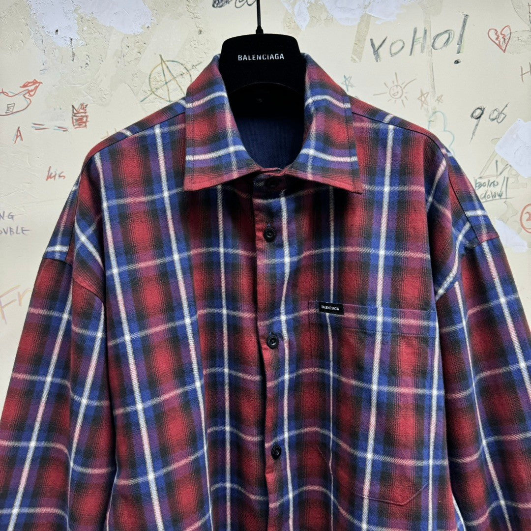 Balenciaga Men's Fall And Winter Color Blocking Check Single-Breasted Double-Sided Loose Shirt Cotton Long-Sleeved Jacket Ngvp #9653