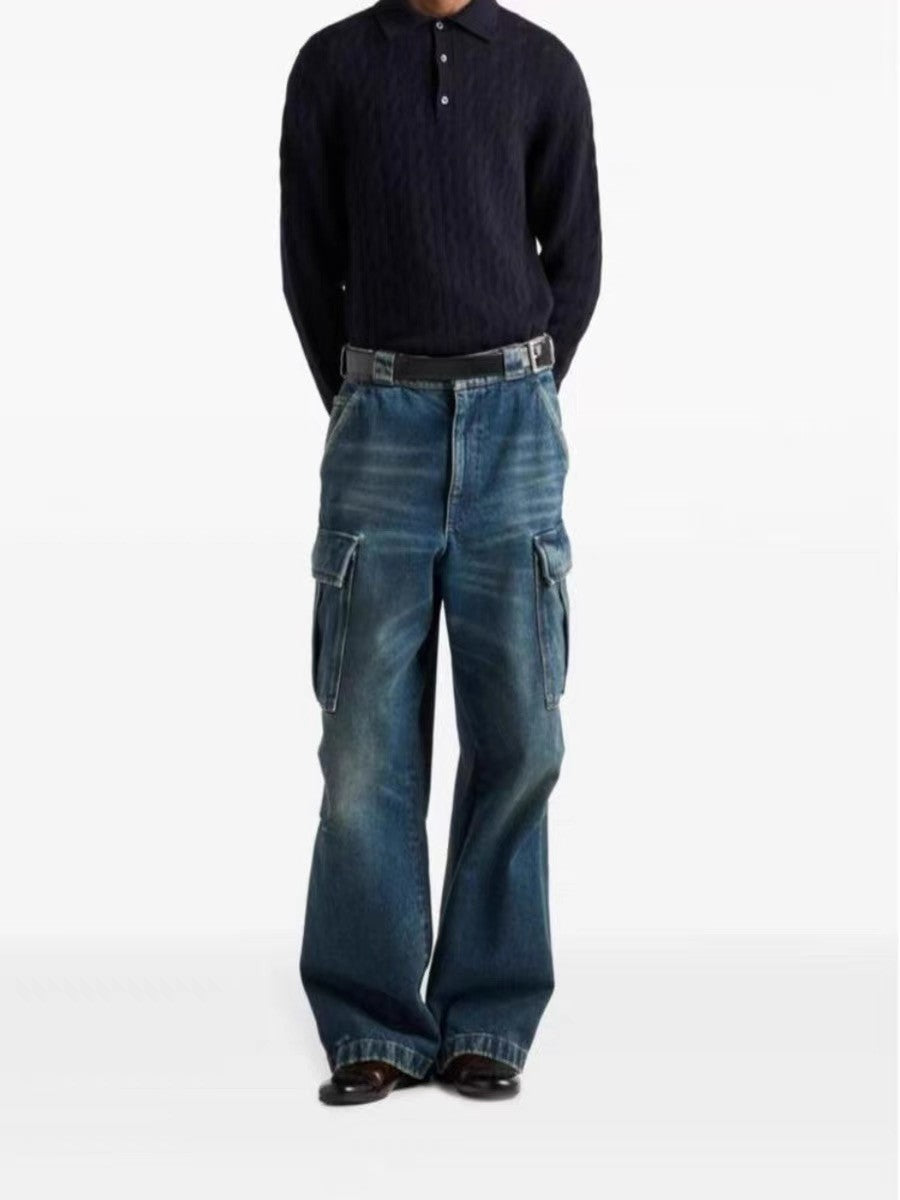 Prada Men's Four Seasons Logo Old Multi-Pocket Mid-Rise Loose Work Pants Cotton Denim Trousers Pants #81198