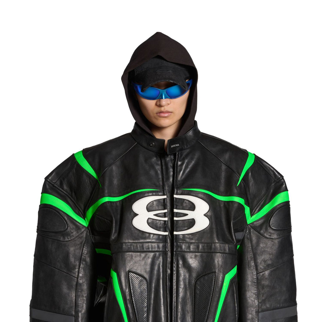 Balenciaga Men's Women's Autumn And Winter Cowhide Splicing Zipper Letters Embroidery Long Beard Loose Unity Sports Idol Black Racer Jacket Ngvp #8577