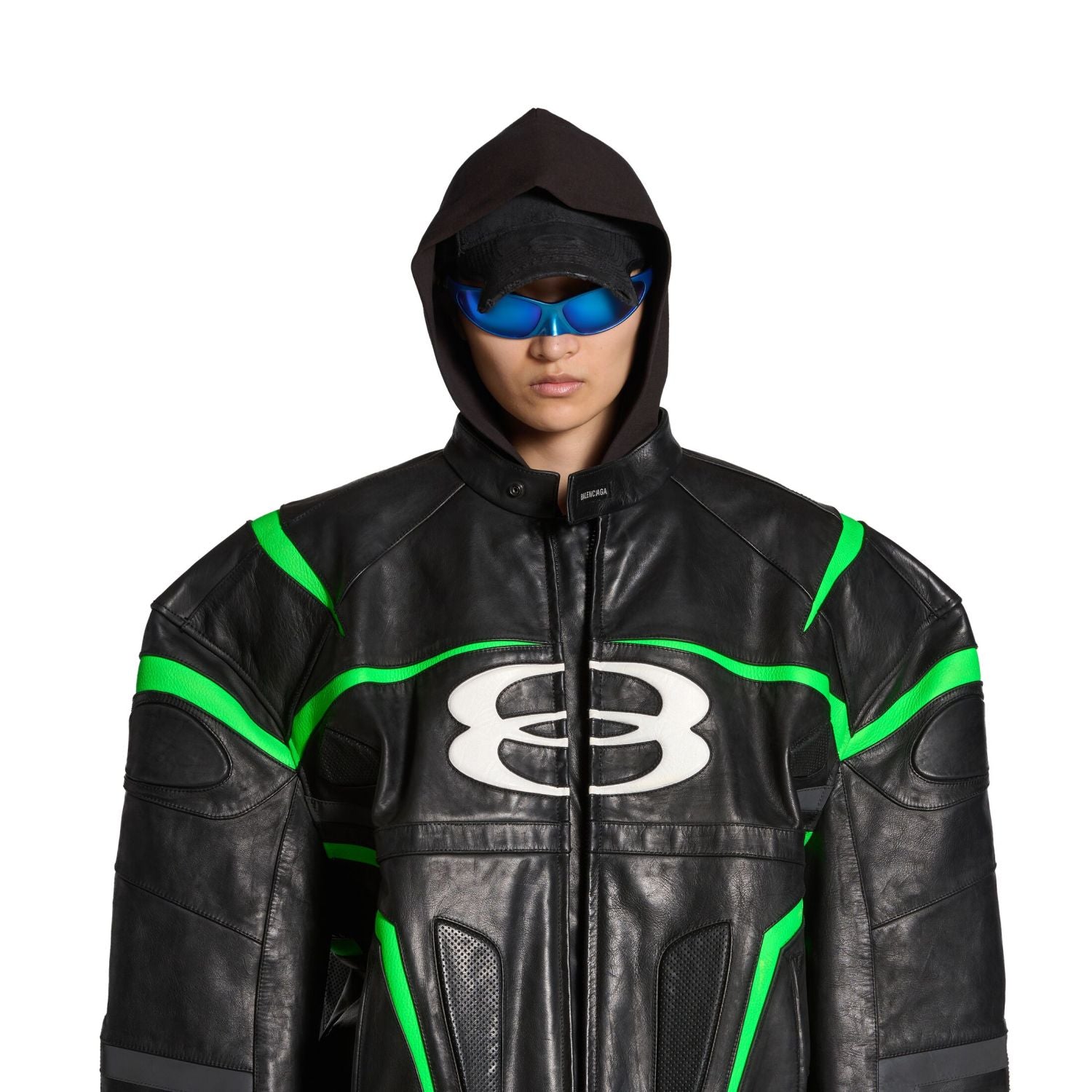 Balenciaga Men's Women's Autumn And Winter Cowhide Splicing Zipper Letters Embroidery Long Beard Loose Unity Sports Idol Black Racer Jacket Ngvp #8577