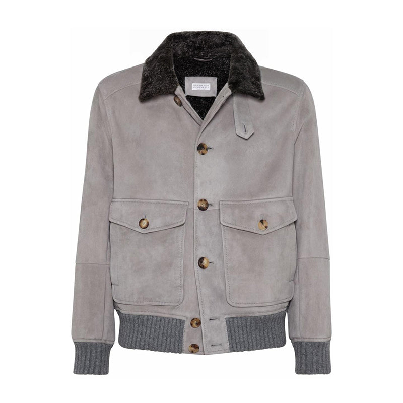 Brunello Cucinelli Men's Fall/Winter Vintage Jacket Solid Color Single-Breasted Fur Collar Suede Slim Fit Coat Ngvp #2592