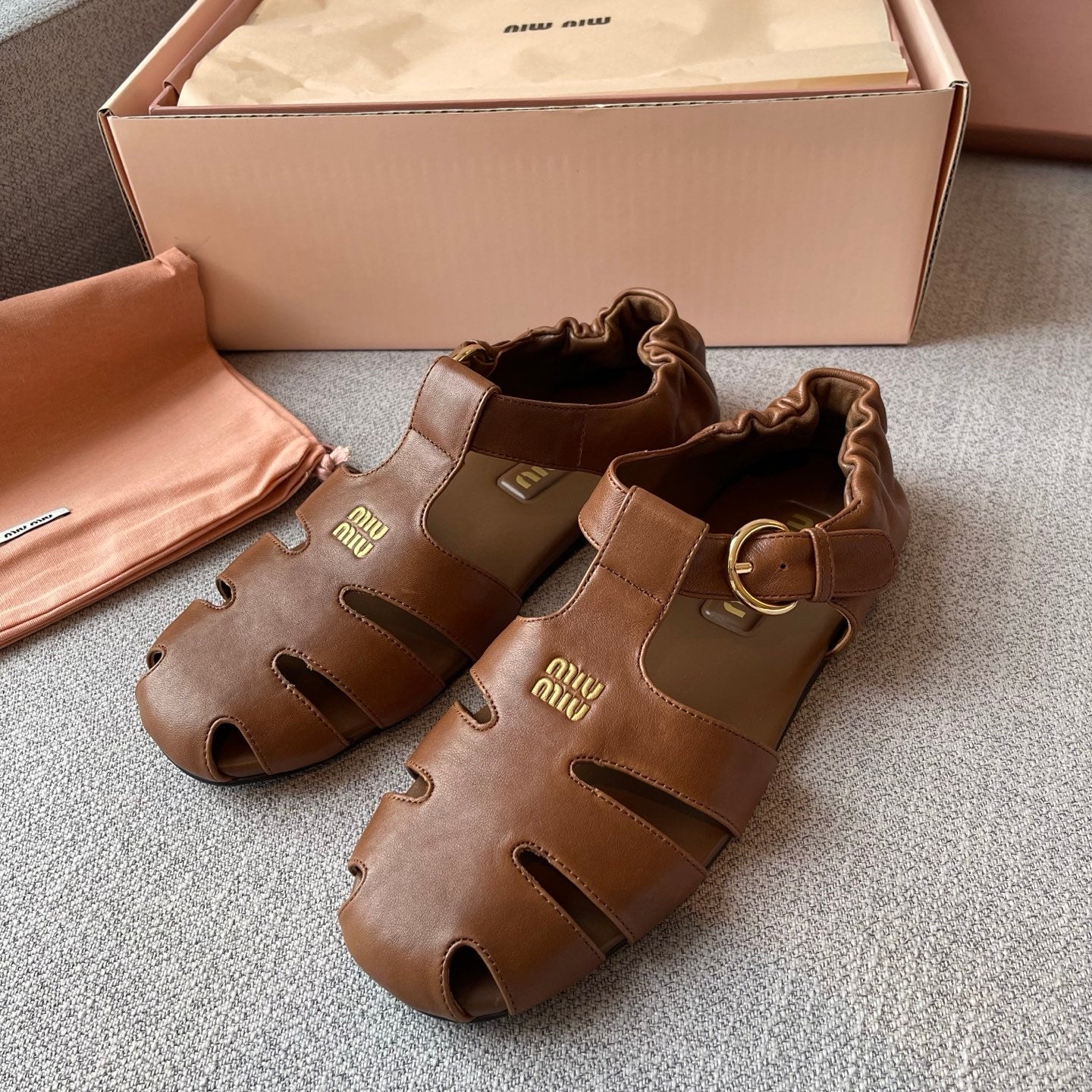 MiuMiu Briarwood Ruches Nappa Leather Fisherman Sandals #383957