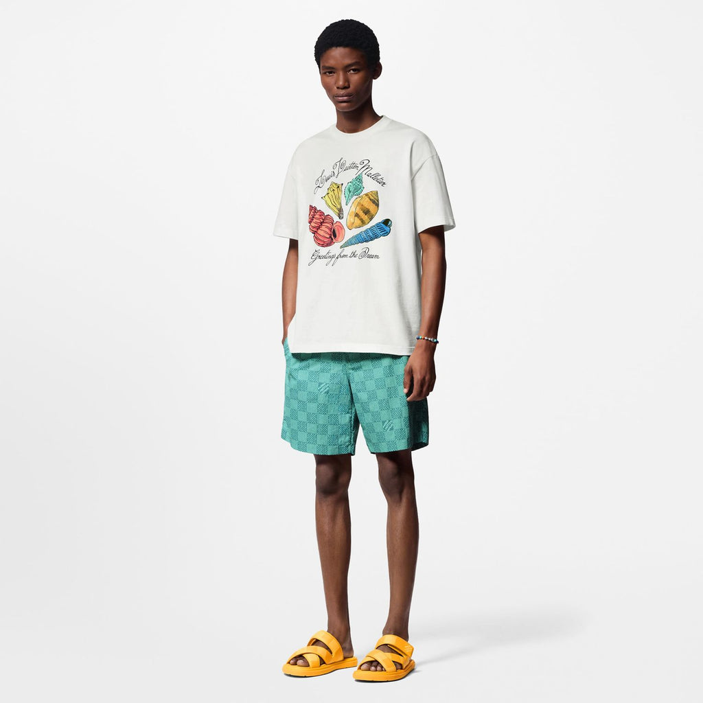 Louis Vuitton Men's Women's Summer Letter Shell Printed Cotton Short Sleeve Casual Fit White T-Shirt #71351