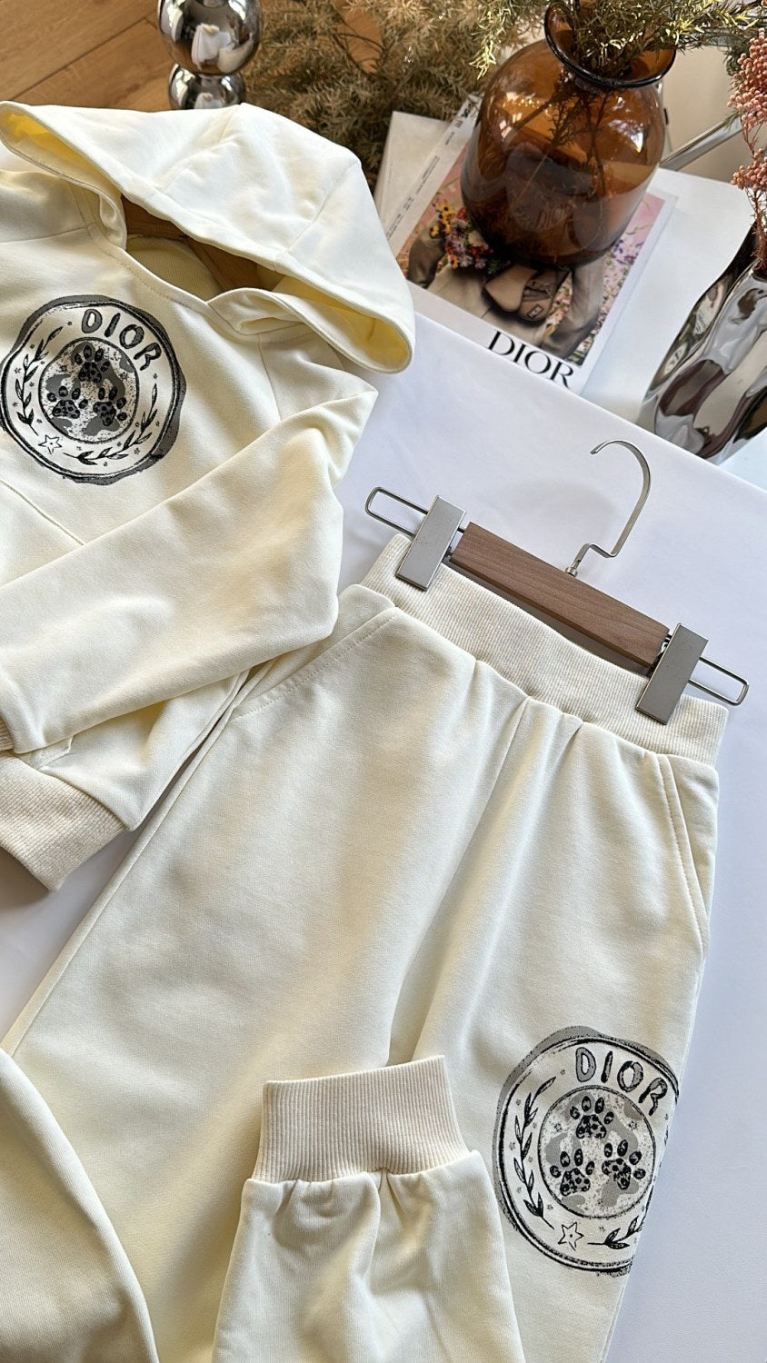 Dior Kid's Spring And Autumn Solid Color Letter Print Long Sleeve Hooded Sweatshirt Fashion Cotton Sweatpants Set #31258
